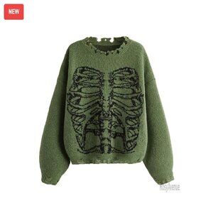 Oversized Skeleton Pattern Ripped Pullover Sweater Women's Chunky Knit
